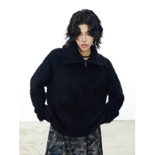 美式cleanfit慵懶風仿貂毛高領拉鍊套頭毛衣男黑色寬松保暖針織衫