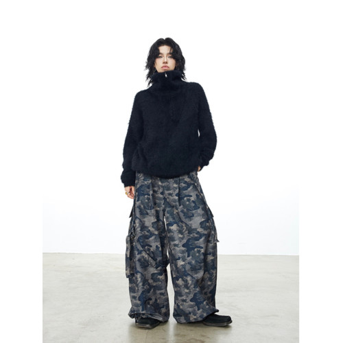 美式cleanfit慵懶風仿貂毛高領拉鍊套頭毛衣男黑色寬松保暖針織衫