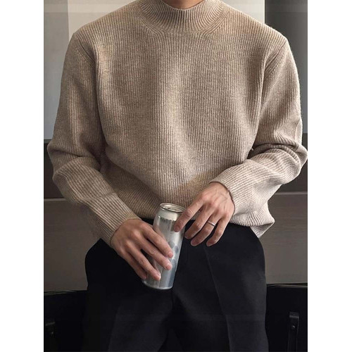 深灰色半高領毛衣男冬季高級感毛衫針織衫寬鬆中領內搭打底衫上衣