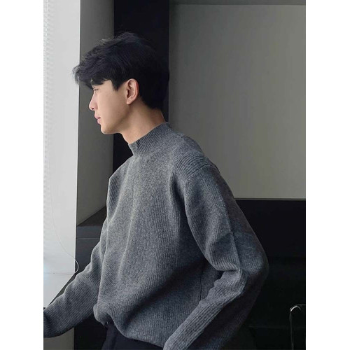 深灰色半高領毛衣男冬季高級感毛衫針織衫寬鬆中領內搭打底衫上衣