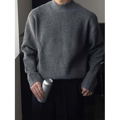 深灰色半高領毛衣男冬季高級感毛衫針織衫寬鬆中領內搭打底衫上衣
