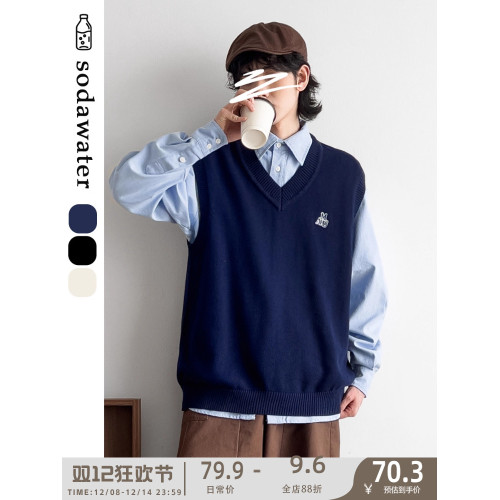 蘇打汽水工作室春季男女同款針織V領馬甲日系青春時尚休閒針織衫 蘇打汽水工作室春季男女同款針織V領馬甲日系青春時尚休閒針織衫