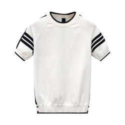 夏天穿搭冰絲薄款針織短袖t恤男款圓領半袖毛衣男士春秋季打底衫