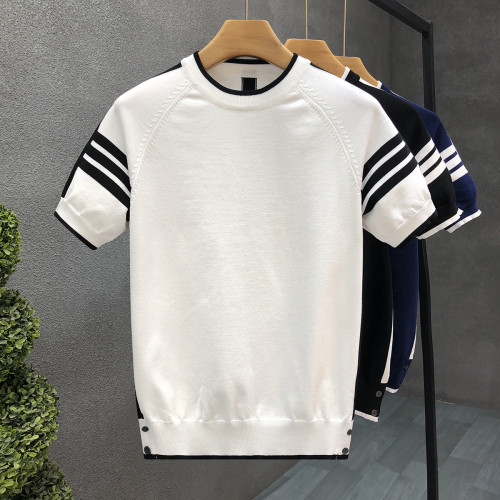 夏天穿搭冰絲薄款針織短袖t恤男款圓領半袖毛衣男士春秋季打底衫