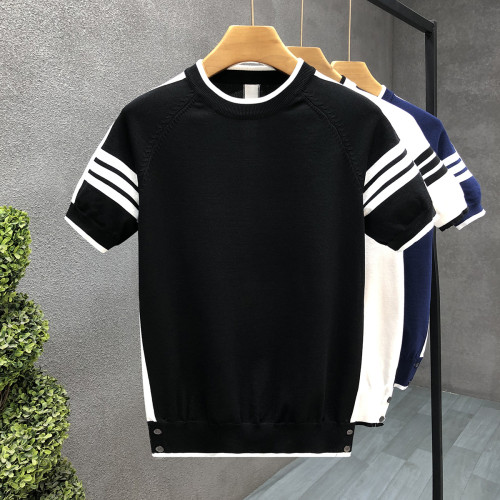 夏天穿搭冰絲薄款針織短袖t恤男款圓領半袖毛衣男士春秋季打底衫