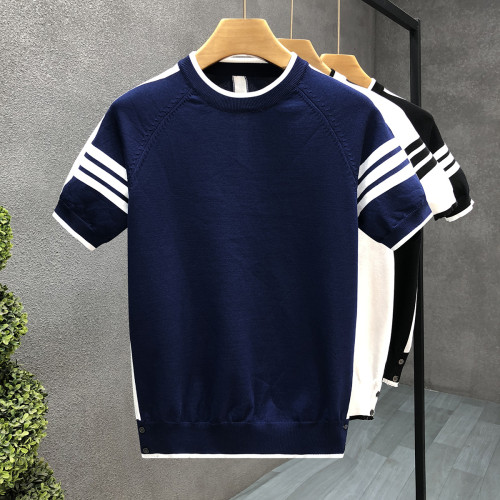 夏天穿搭冰絲薄款針織短袖t恤男款圓領半袖毛衣男士春秋季打底衫