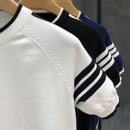 夏天穿搭冰絲薄款針織短袖t恤男款圓領半袖毛衣男士春秋季打底衫