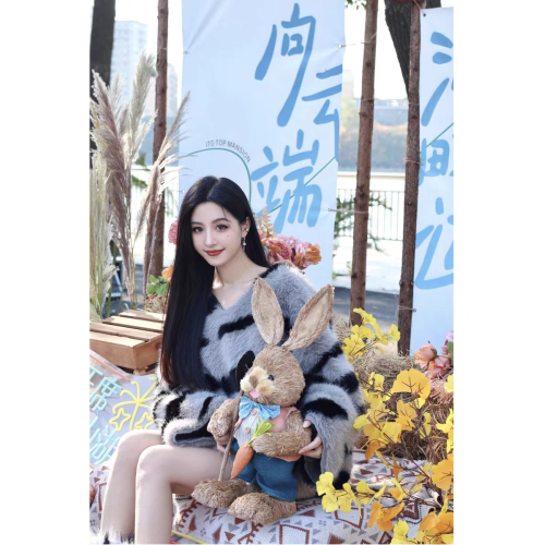 斑馬紋V領毛衣女秋冬季加厚高級設計感小衆軟糯別致絕美毛絨上衣