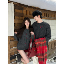 韓系穿搭灰色高智感針織衫外套男女情侶裝愛心撞色紐釦慵懶風毛衣