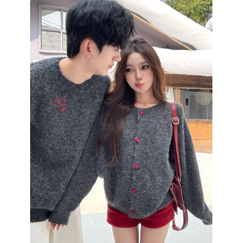 韓系穿搭灰色高智感針織衫外套男女情侶裝愛心撞色紐釦慵懶風毛衣