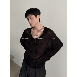 VERY FEWEST 純欲系綁帶微透長袖針織衫男女慵懶松弛感上衣防曬衫