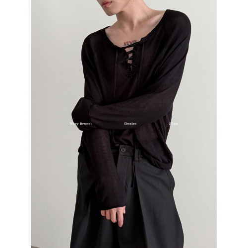 VERY FEWEST 純欲系綁帶微透長袖針織衫男女慵懶松弛感上衣防曬衫 VERY FEWEST 純欲系綁帶微透長袖針織衫男女慵懶松弛感上衣防曬衫