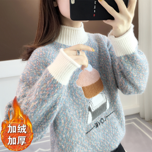 半高領水貂絨毛衣女2025冬季新款加絨寬松套頭上衣保暖學生外穿厚