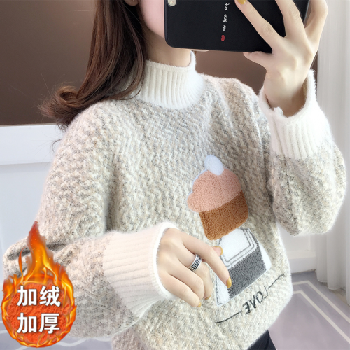 半高領水貂絨毛衣女2025冬季新款加絨寬松套頭上衣保暖學生外穿厚