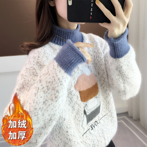 半高領水貂絨毛衣女2025冬季新款加絨寬松套頭上衣保暖學生外穿厚