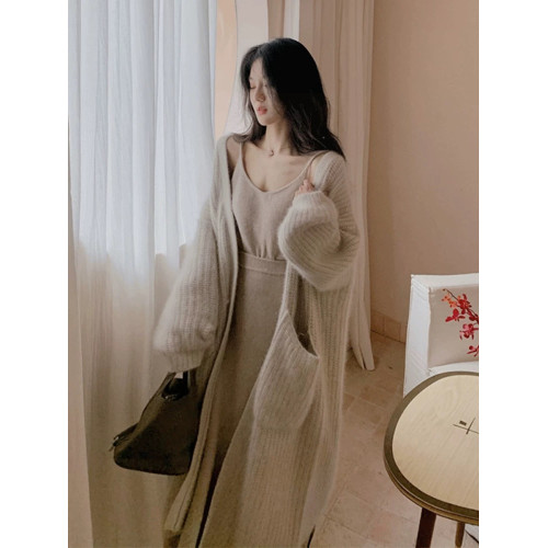 水貂絨毛衣女秋冬新款寬鬆慵嬾高級感氣質過膝中長款針織開衫外套