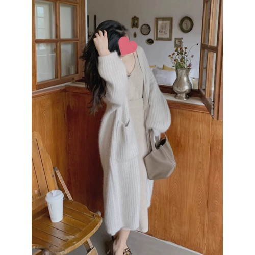 水貂絨毛衣女秋冬新款寬鬆慵嬾高級感氣質過膝中長款針織開衫外套