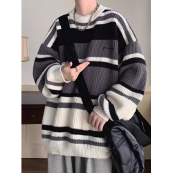港風條紋毛衣男套裝秋冬季寬鬆青少年慵嬾學生潮流搭配一套針織衫