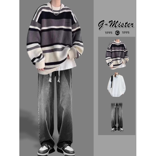港風條紋毛衣男套裝秋冬季寬鬆青少年慵嬾學生潮流搭配一套針織衫