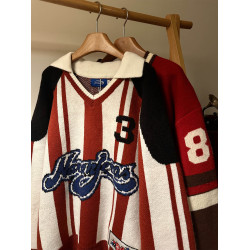 MASDYIREN 秋冬美式復古高街條紋學院風繙領針織衫毛衣男女慵嬾風