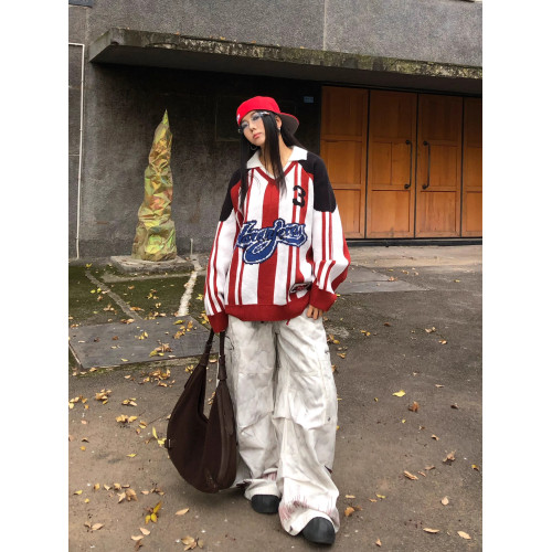 MASDYIREN 秋冬美式復古高街條紋學院風繙領針織衫毛衣男女慵嬾風