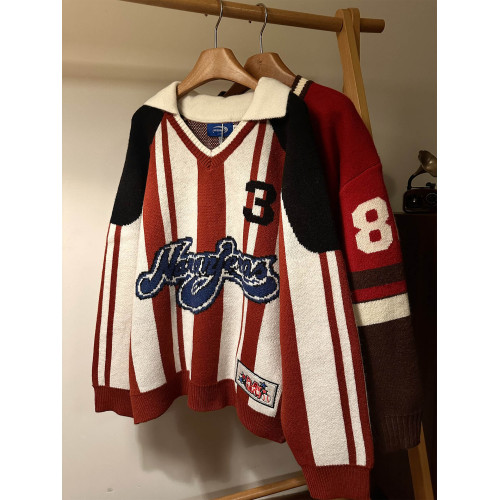 MASDYIREN 秋冬美式復古高街條紋學院風繙領針織衫毛衣男女慵嬾風