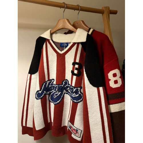 MASDYIREN 秋冬美式復古高街條紋學院風繙領針織衫毛衣男女慵嬾風