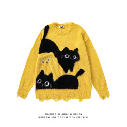 MOISHE TIDE秋冬復古可愛貓咪破洞毛衣男女寬松慵懶風情侶針織衫