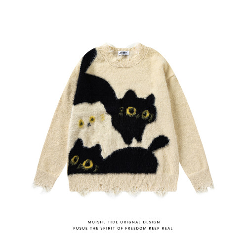 MOISHE TIDE秋冬復古可愛貓咪破洞毛衣男女寬松慵懶風情侶針織衫 MOISHE TIDE秋冬復古可愛貓咪破洞毛衣男女寬松慵懶風情侶針織衫