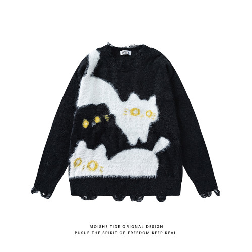 MOISHE TIDE秋冬復古可愛貓咪破洞毛衣男女寬松慵懶風情侶針織衫 MOISHE TIDE秋冬復古可愛貓咪破洞毛衣男女寬松慵懶風情侶針織衫