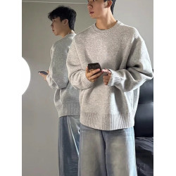 灰色慵懶風圓領針織衫男秋冬季松弛感寬松打底毛衣高級感內搭線衣