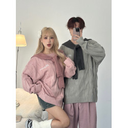 潮牌麻花套頭毛衣男女情侶裝秋冬季2025寬松慵懶風小衆披肩針織衫