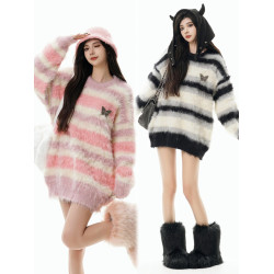 美式條紋濶色毛衣女秋季2026新款外穿水貂毛馬海毛內搭慵懶針織衫