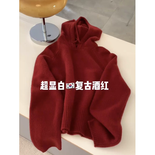 韓版套頭連帽衛衣針織開衫外套女寬鬆百搭顯瘦本命新年紅毛衣秋冬