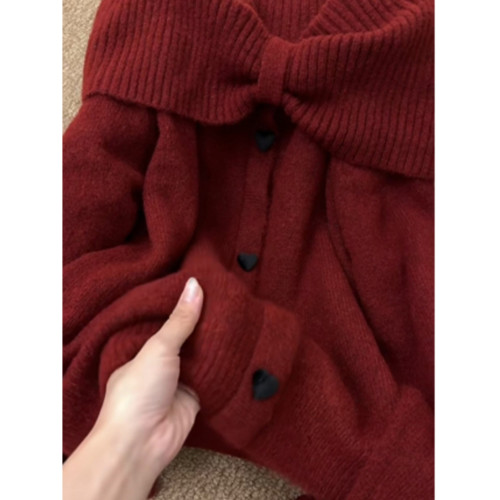 新年過年戰袍紅色一字肩蝴蝶結毛衣女秋冬季慵嬾風露肩針織衫上衣