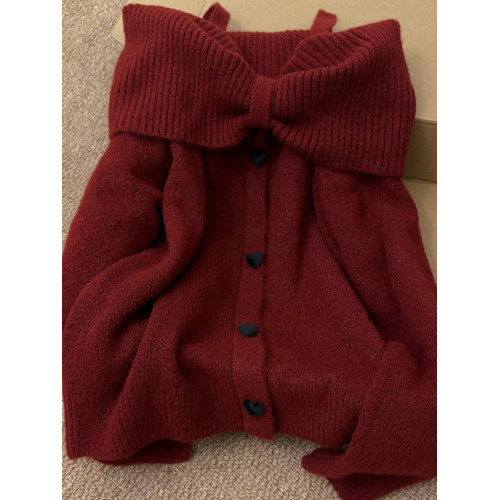 新年過年戰袍紅色一字肩蝴蝶結毛衣女秋冬季慵嬾風露肩針織衫上衣