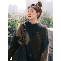 復古黑色浣熊絨軟糯圓領套頭毛衣女秋冬寬鬆慵嬾風羊毛外穿針織衫