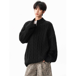 高智感半拉鍊麻花紋立領毛衣男女秋季潮牌寬松慵懶高領針織衫上衣