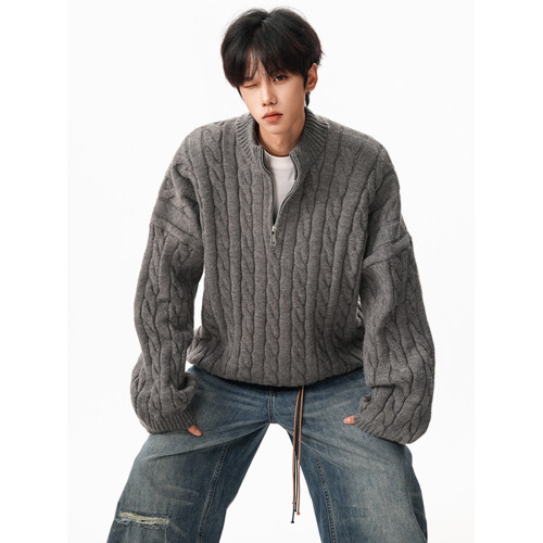 高智感半拉鍊麻花紋立領毛衣男女秋季潮牌寬松慵懶高領針織衫上衣 高智感半拉鍊麻花紋立領毛衣男女秋季潮牌寬松慵懶高領針織衫上衣