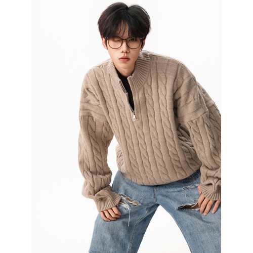 高智感半拉鍊麻花紋立領毛衣男女秋季潮牌寬松慵懶高領針織衫上衣 高智感半拉鍊麻花紋立領毛衣男女秋季潮牌寬松慵懶高領針織衫上衣