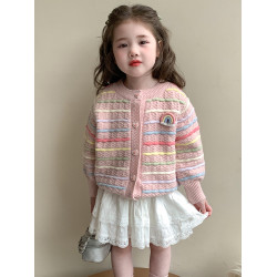 女小童針織開衫2025春款寶寶彩虹條紋毛衣外套春秋小女孩休閒上衣