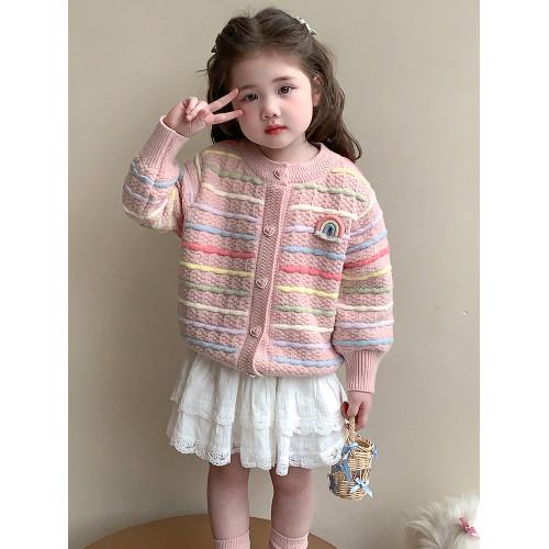 女小童針織開衫2025春款寶寶彩虹條紋毛衣外套春秋小女孩休閒上衣