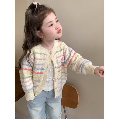 女小童針織開衫2025春款寶寶彩虹條紋毛衣外套春秋小女孩休閒上衣