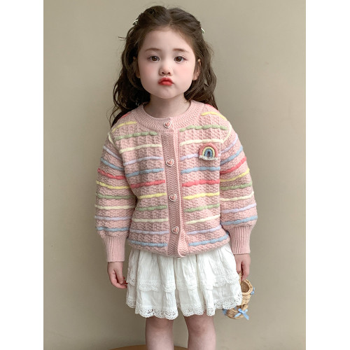 女小童針織開衫2025春款寶寶彩虹條紋毛衣外套春秋小女孩休閒上衣