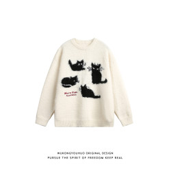 悟空有貨潮牌貓咪馬海毛圓領針織衫男女秋冬寬松情侶慵懶套頭毛衣