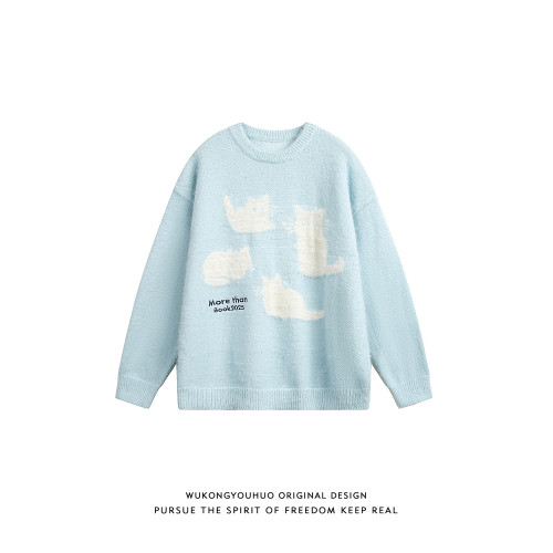 悟空有貨潮牌貓咪馬海毛圓領針織衫男女秋冬寬松情侶慵懶套頭毛衣 悟空有貨潮牌貓咪馬海毛圓領針織衫男女秋冬寬松情侶慵懶套頭毛衣