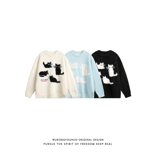 悟空有貨潮牌貓咪馬海毛圓領針織衫男女秋冬寬松情侶慵懶套頭毛衣 悟空有貨潮牌貓咪馬海毛圓領針織衫男女秋冬寬松情侶慵懶套頭毛衣