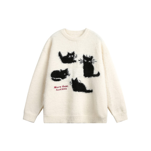 悟空有貨潮牌貓咪馬海毛圓領針織衫男女秋冬寬松情侶慵懶套頭毛衣 悟空有貨潮牌貓咪馬海毛圓領針織衫男女秋冬寬松情侶慵懶套頭毛衣