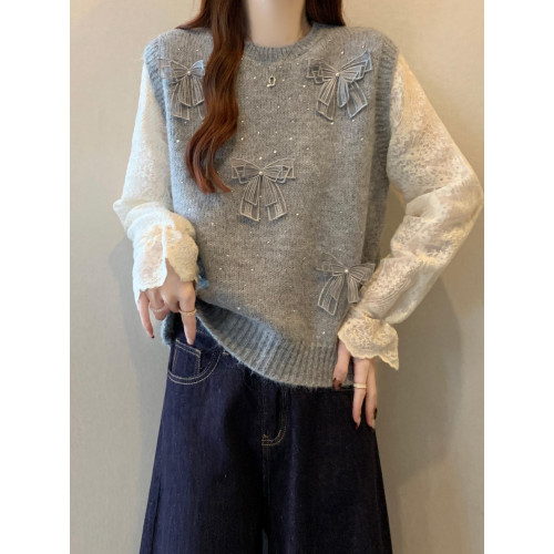 假兩件獨特漂亮正肩毛衣女2025秋季新款大碼微胖mm蕾絲喇叭袖上衣