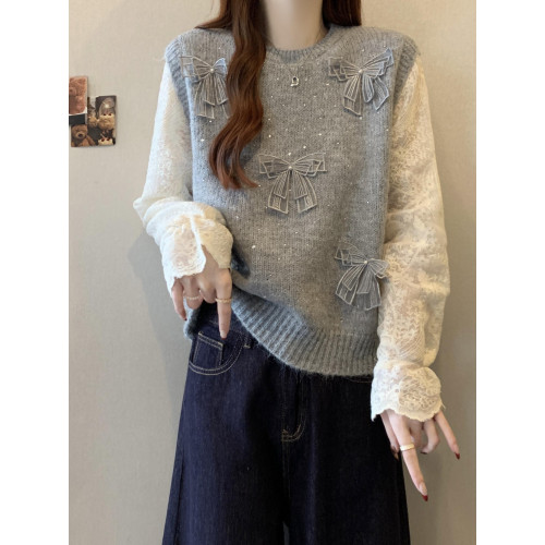 假兩件獨特漂亮正肩毛衣女2025秋季新款大碼微胖mm蕾絲喇叭袖上衣